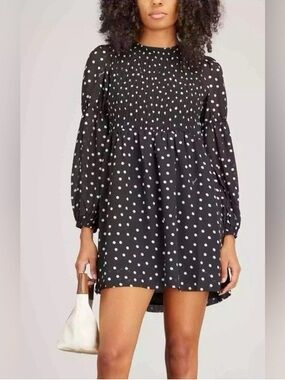 Black Polka Dot Smocked Babydoll Dress